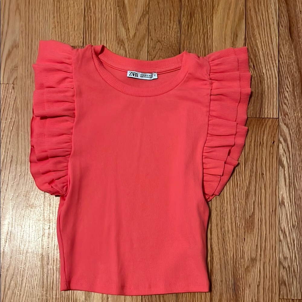 Zara Red Short Sleeve Tee with Ruffle Details